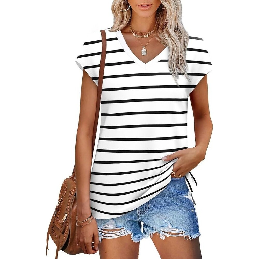 Sampeel Black and White Striped Cap Sleeve Top V Neck Sz XL NWT